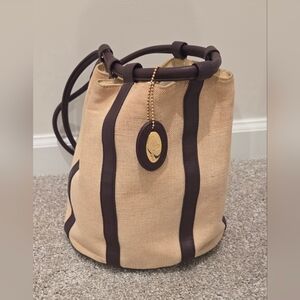 Etienne Aigner Beige Canvas Bucket Bag with Dark Brown Leather Trim